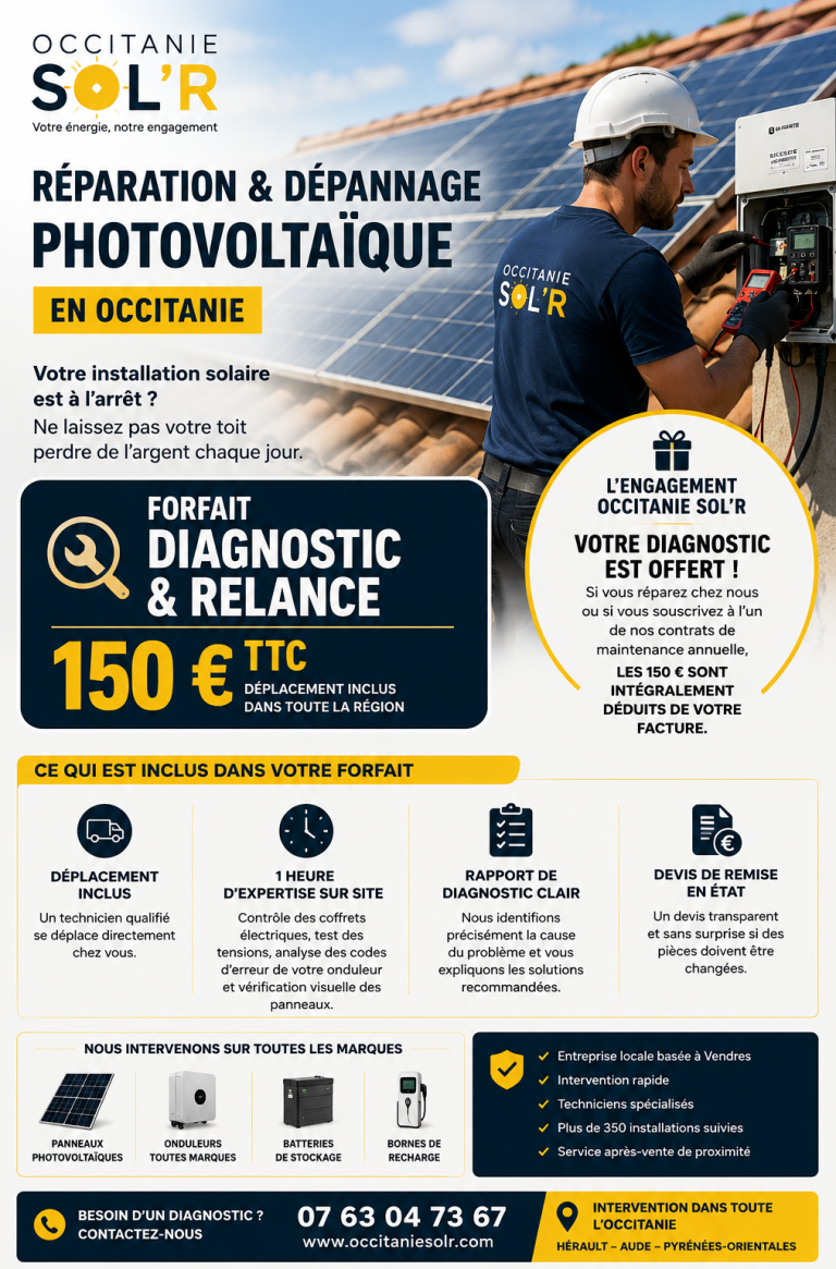 Panneaux solaires installés sur un toit de tuiles, en arrière-plan des champs.