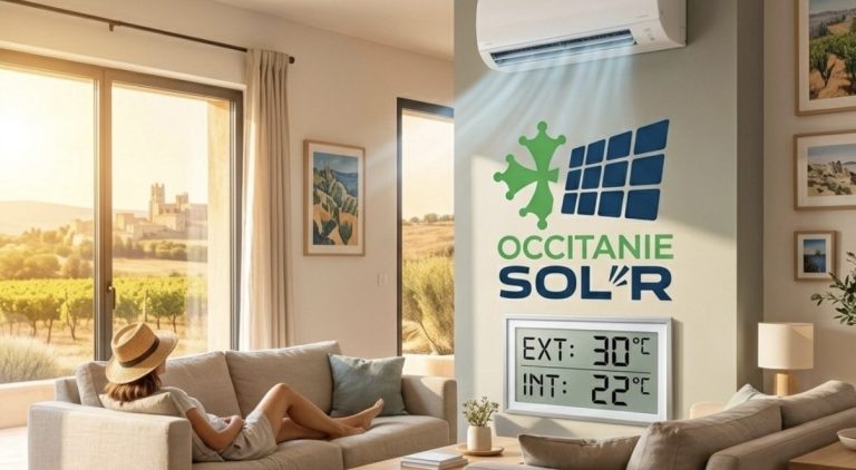 Panneaux solaires installés sur un toit de tuiles, en arrière-plan des champs.