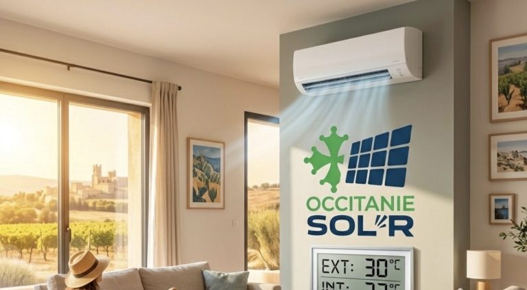 Panneaux solaires installés sur un toit de tuiles, en arrière-plan des champs.