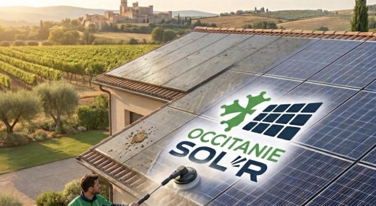 Panneaux solaires installés sur un toit de tuiles, en arrière-plan des champs.